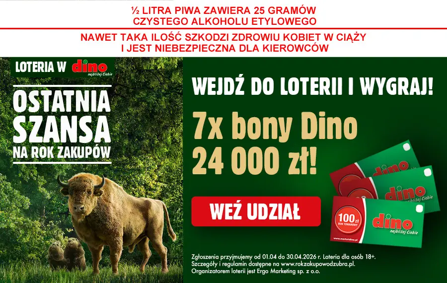 Loteria w Dino Rok zakupów od Żubra baner